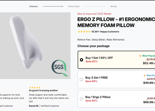 Ergo Z Pillow Reviews – 1 Per Pillow $69 – 2 Pillow US $52.49 + Shipping + You Save $230!